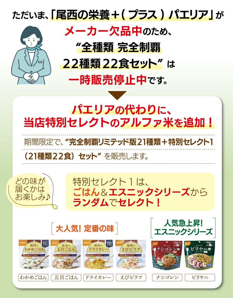 アルファ米 完全制覇 21種類 22食 7日分（21種類＋特別セレクト1） 尾西食品 非常食セット
